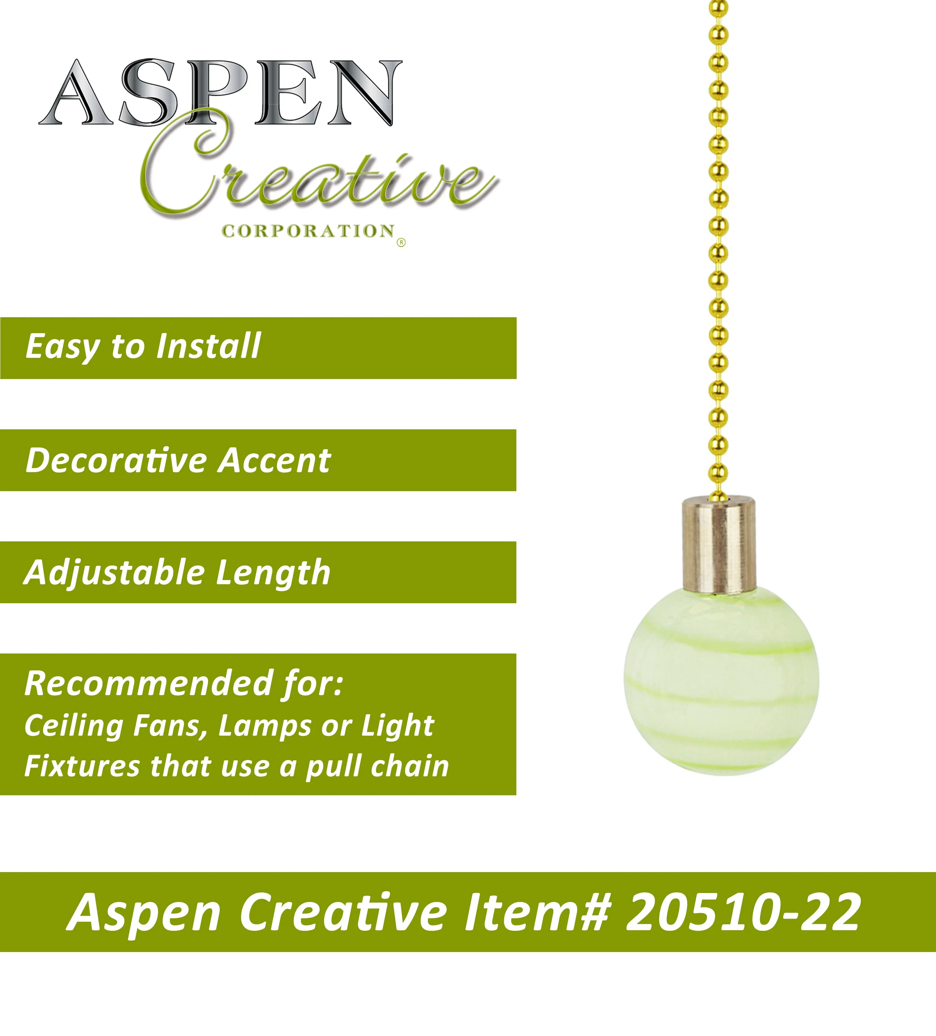 # 20510-22, 12" Light Green with Green Grain Glass Knob with Pull Chain in Copper, 2 Pack