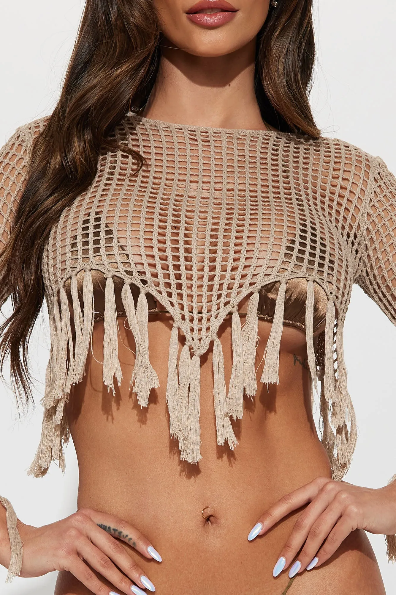 Beach Party Crochet Coverup Top - Taupe