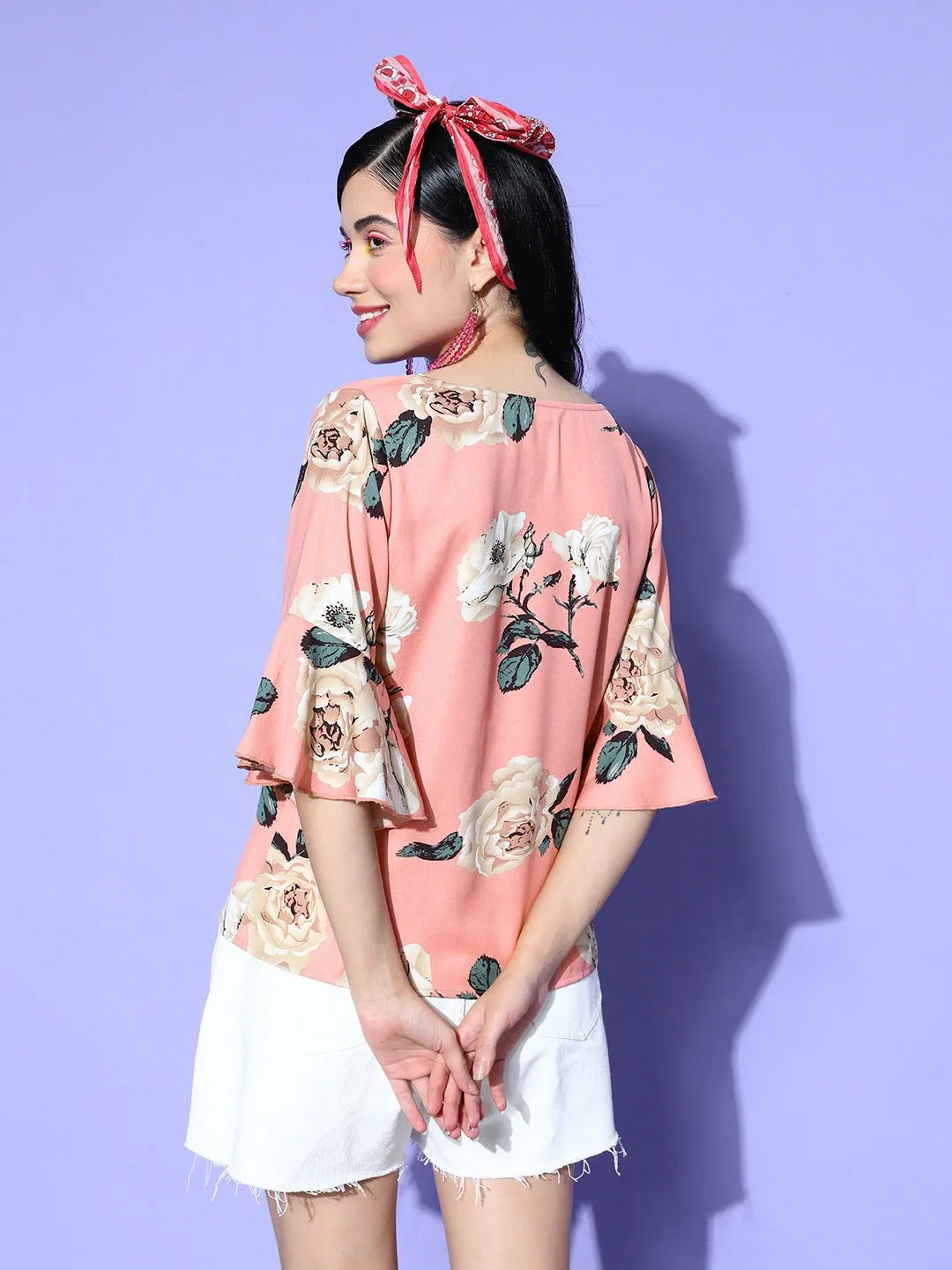 Berrylush Women Pink & Off-White Floral Printed V-Neck Three-Quarter Bell Sleeves Crepe Regular Top