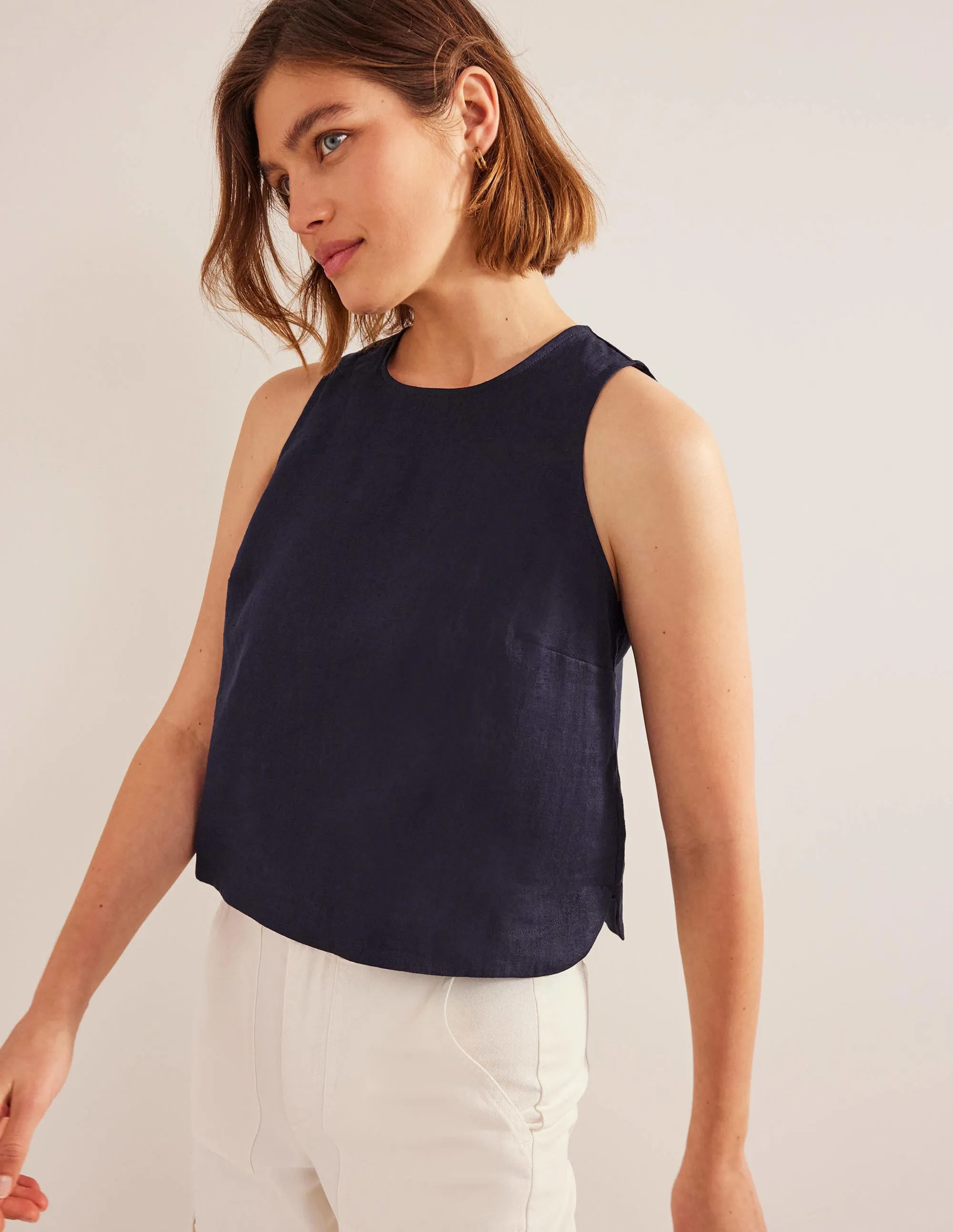 Boxy Linen Shell Top-Navy