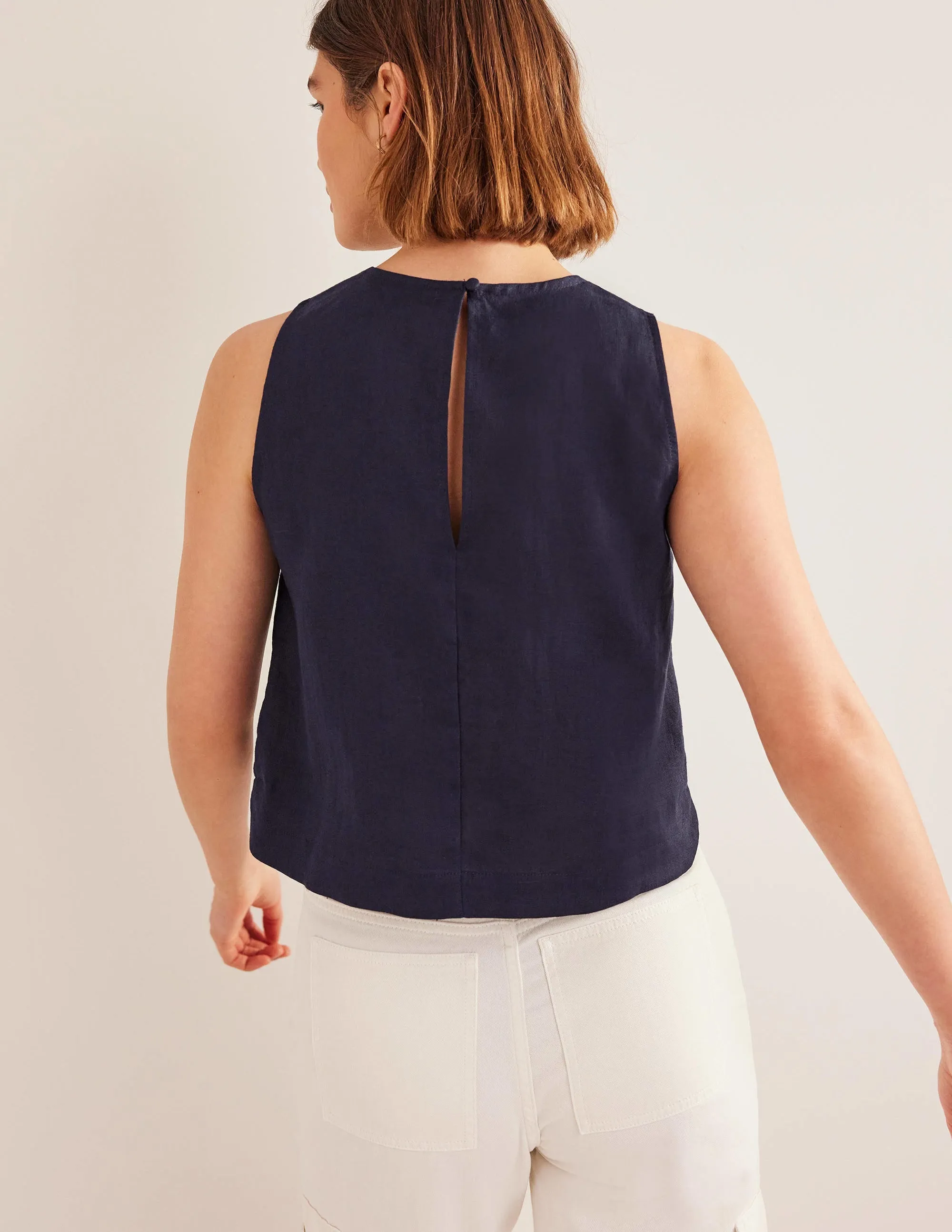 Boxy Linen Shell Top-Navy