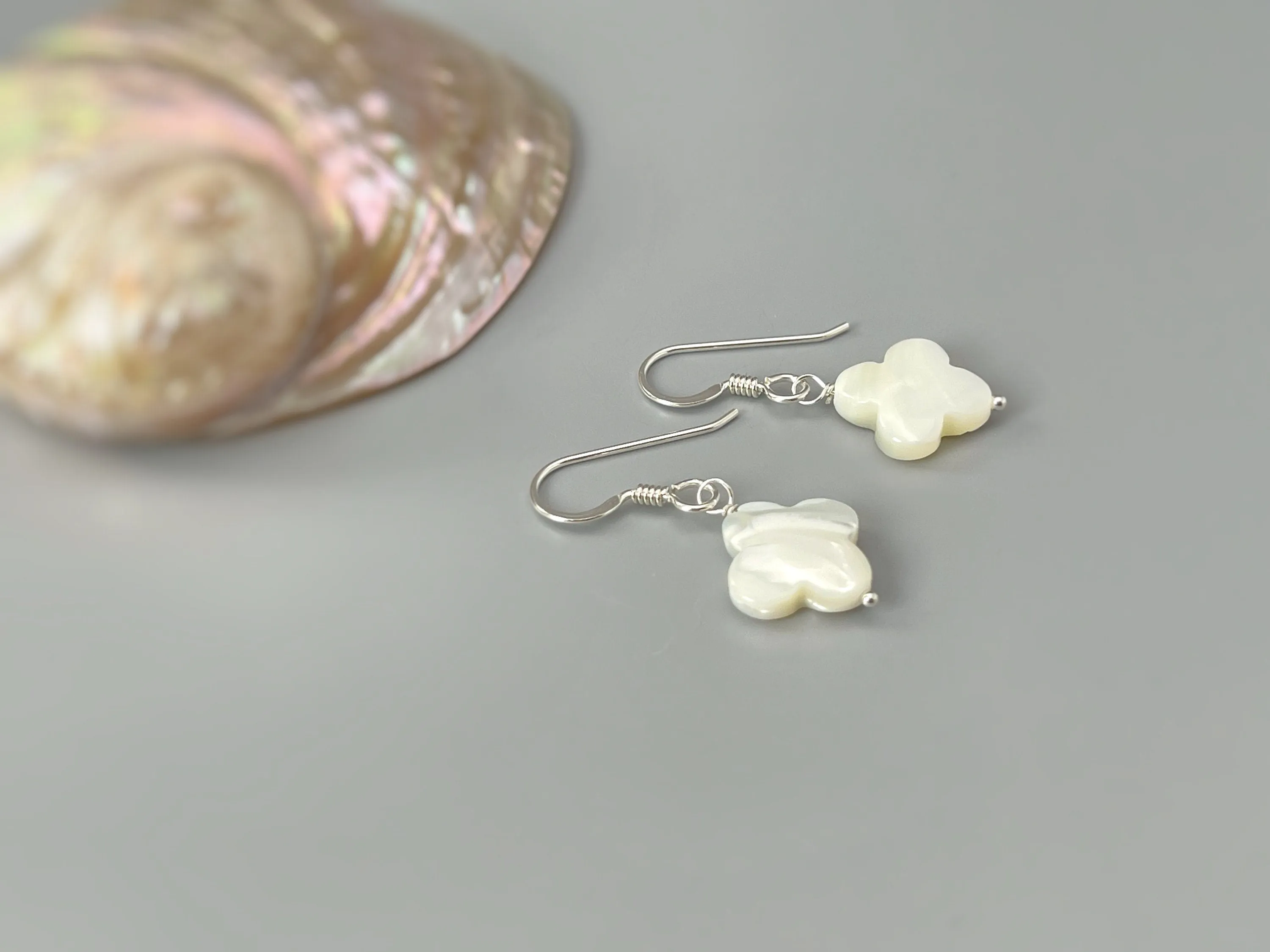 Clover Earrings Gold dangle drop Mother of Pearl Silver beachy summer jewelry