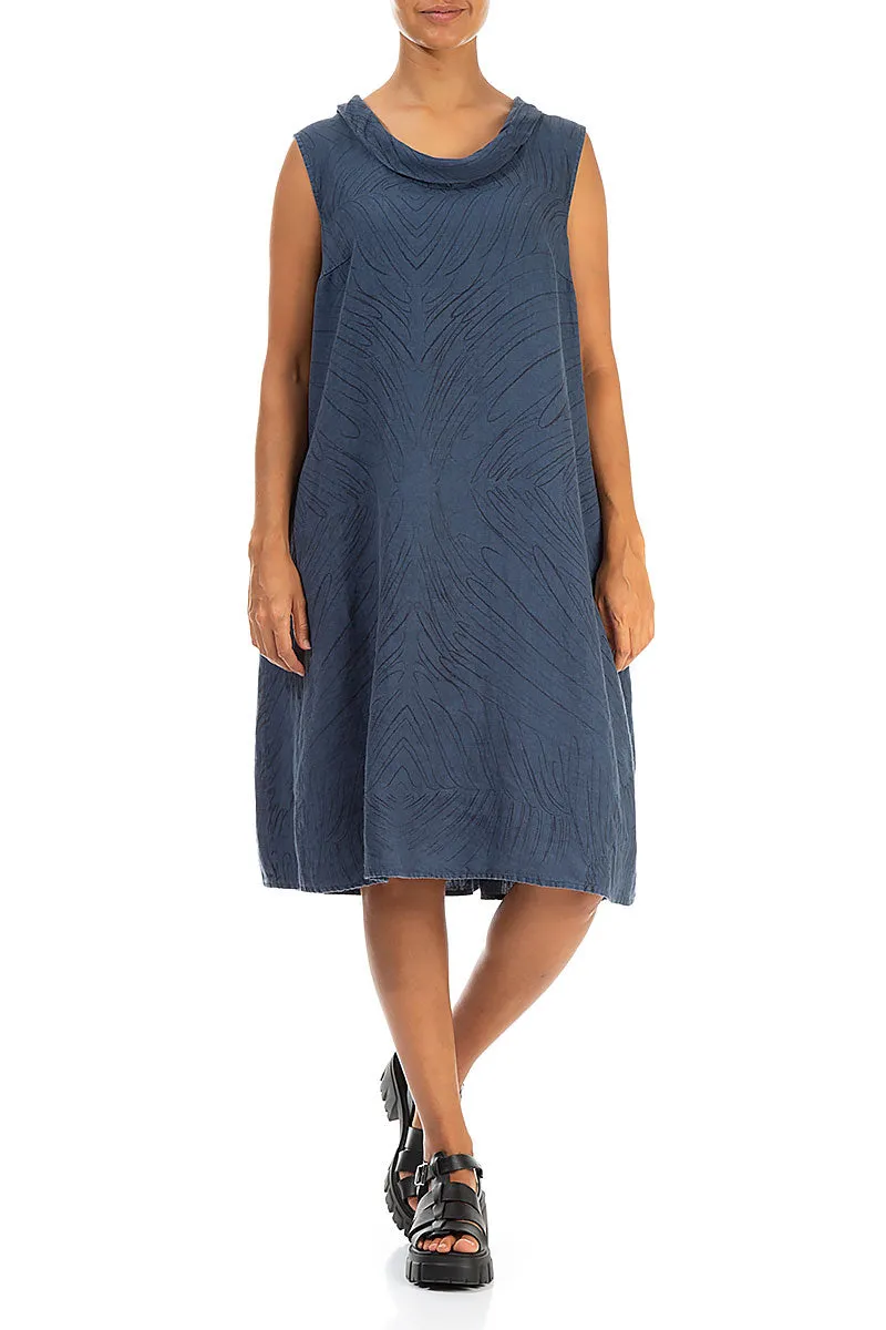 Cowl Neck Feathers Denim Blue Linen Midi Dress