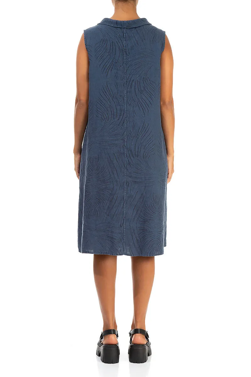 Cowl Neck Feathers Denim Blue Linen Midi Dress