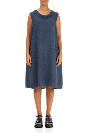 Cowl Neck Feathers Denim Blue Linen Midi Dress