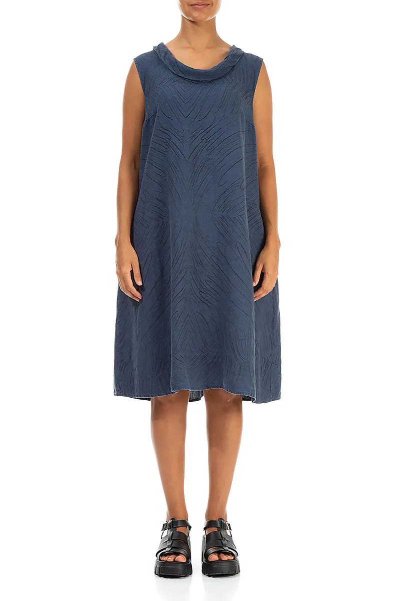 Cowl Neck Feathers Denim Blue Linen Midi Dress