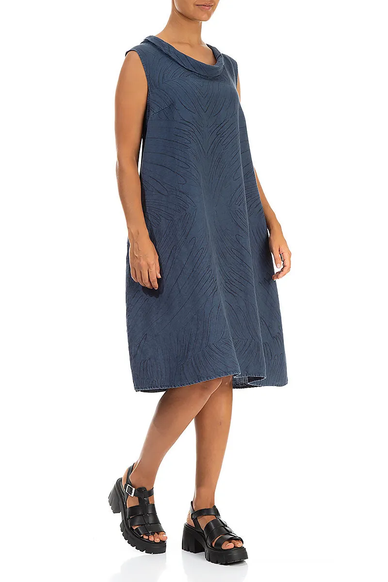 Cowl Neck Feathers Denim Blue Linen Midi Dress