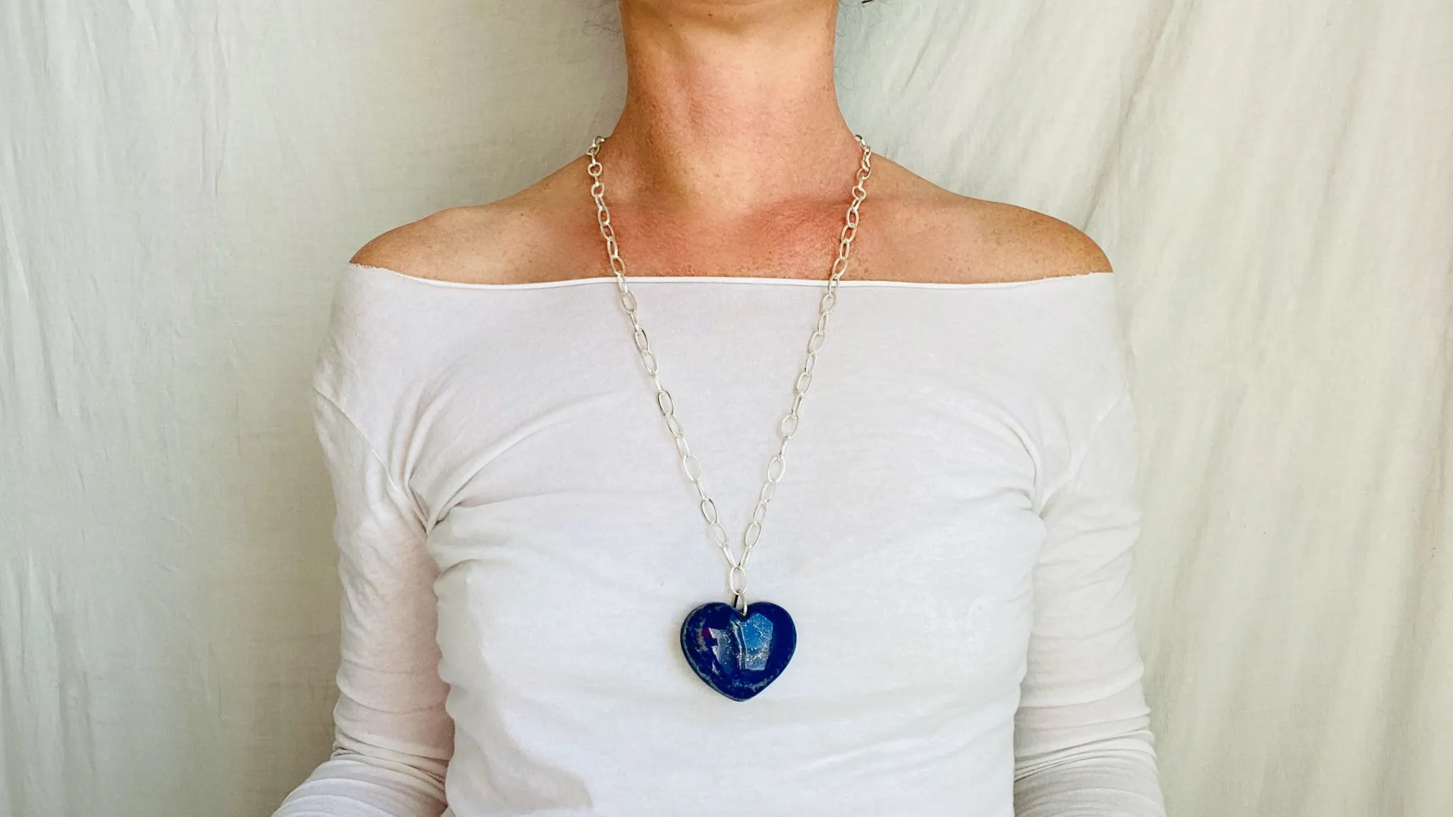 Heart Pendant. Lapis and Silver Chain Necklace. 0750