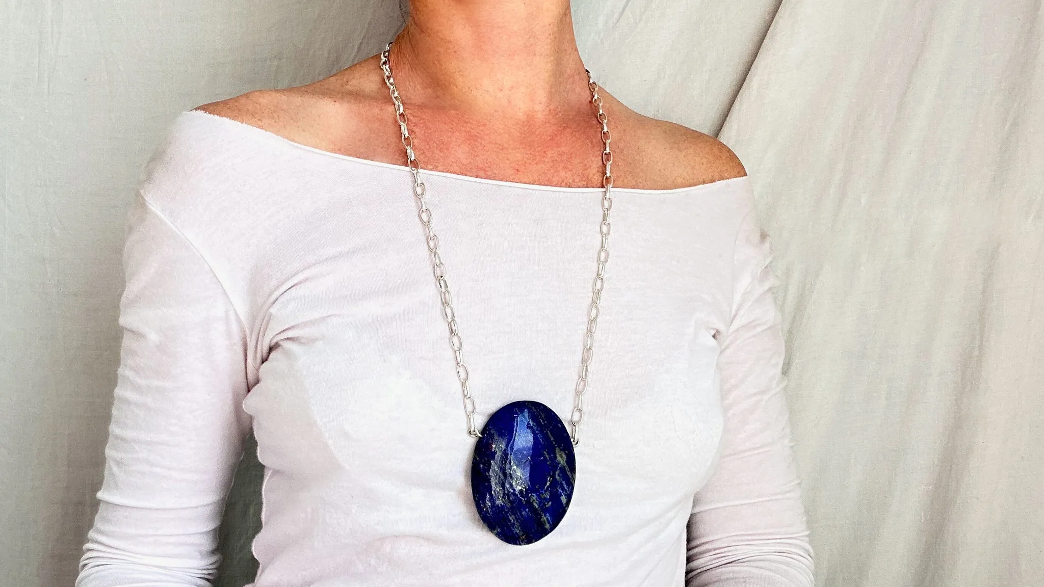 Huge Lapis Pendant. Sterling Silver Chain Necklace. 1274