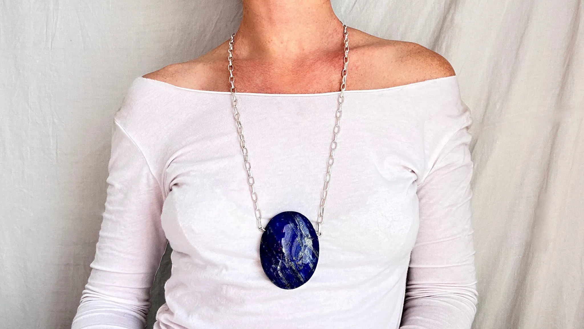 Huge Lapis Pendant. Sterling Silver Chain Necklace. 1274