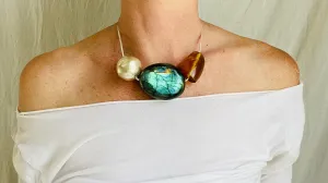 Labradorite, Amber and Silver Necklace. Snake Chain