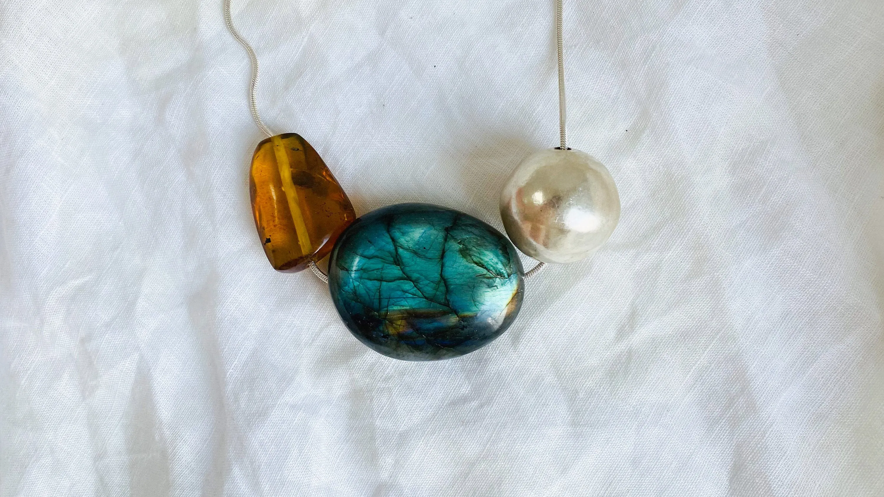 Labradorite, Amber and Silver Necklace. Snake Chain