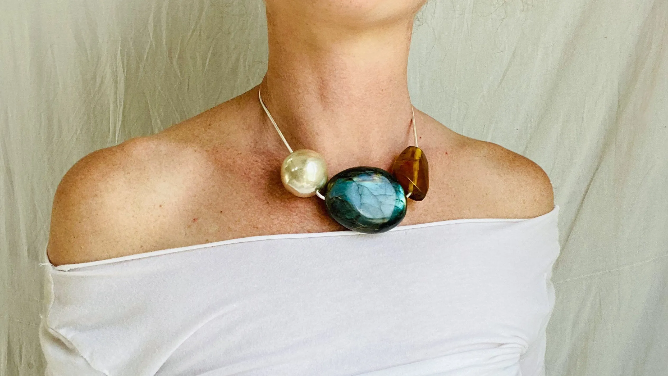 Labradorite, Amber and Silver Necklace. Snake Chain