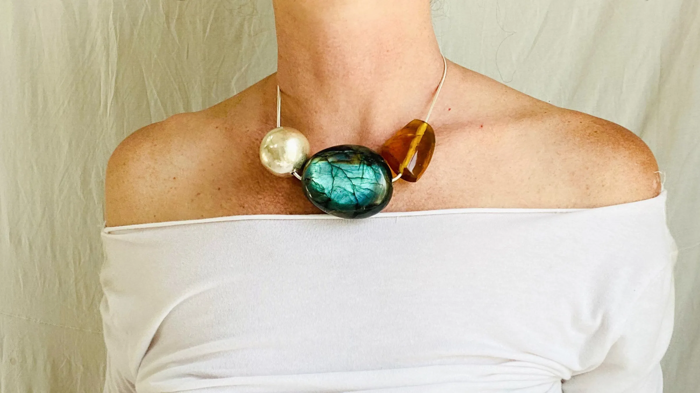 Labradorite, Amber and Silver Necklace. Snake Chain