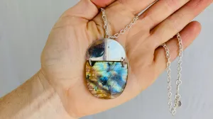 Labradorite and Silver Pendant Necklace. Fine Silver Chain