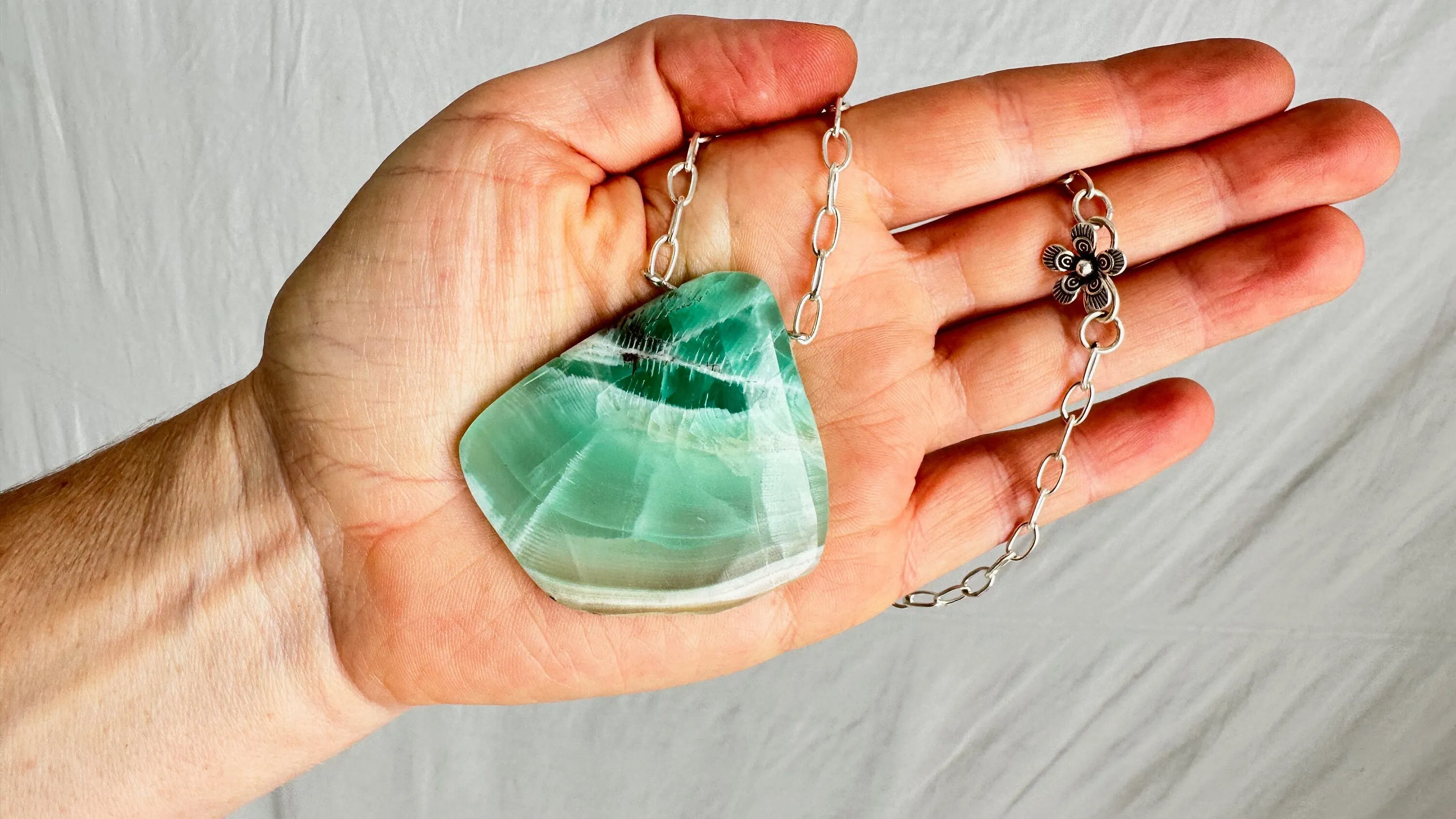 Large Amazonite Pendant Silver Chain. Sterling Silver. 0295