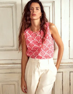 Linen Shell Top-Jam Red, Blossomy