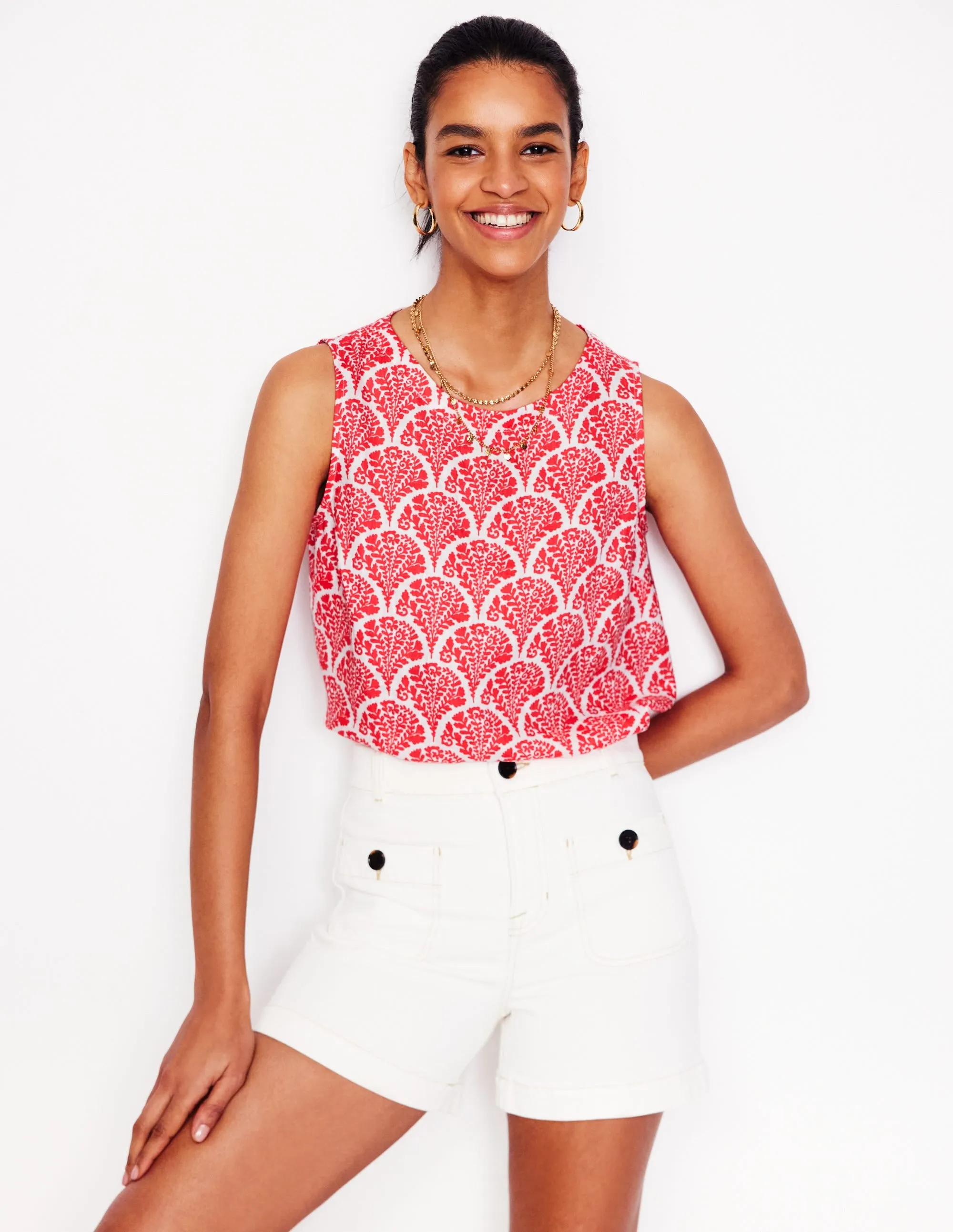 Linen Shell Top-Jam Red, Blossomy