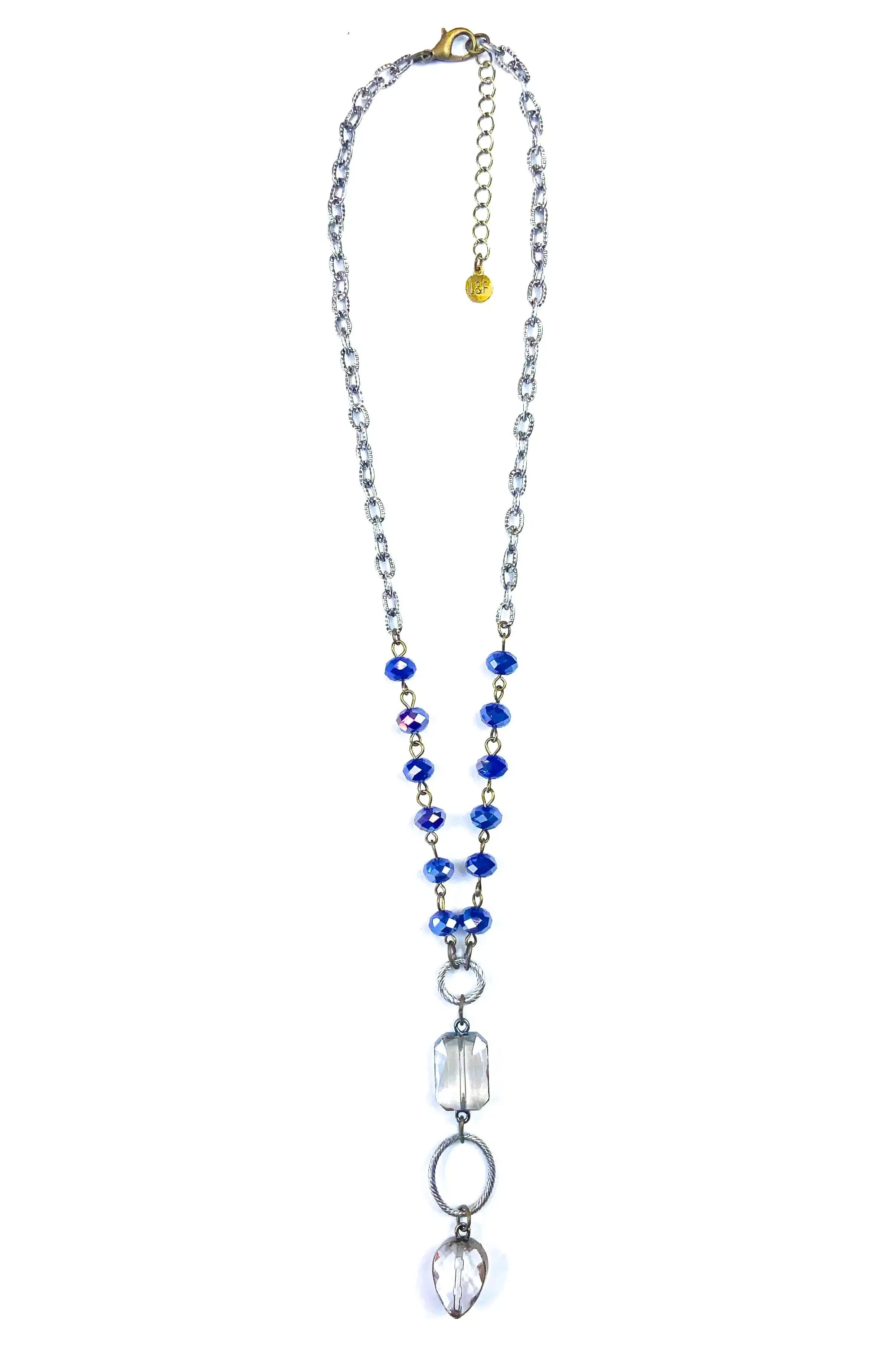 Lost And Found Short Rosaries Beaded Chain Necklace With Edged Glass In Navy