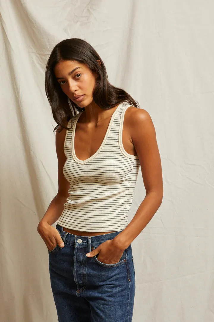 Maria Structured Rib V-Tank In Navy Stripe