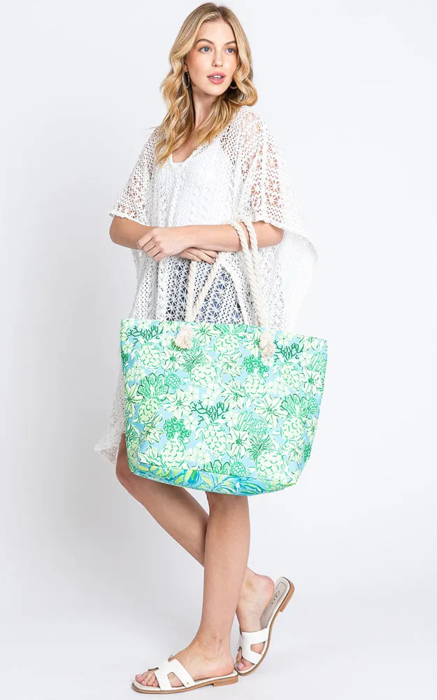 MB0223 HAND DRAWN TURTLE PRINT BEACH TOTE BAG