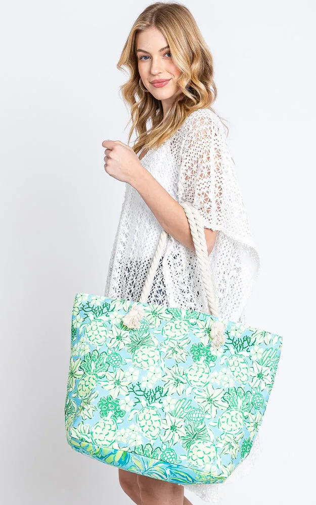MB0223 HAND DRAWN TURTLE PRINT BEACH TOTE BAG
