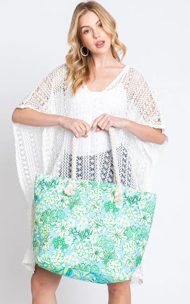 MB0223 HAND DRAWN TURTLE PRINT BEACH TOTE BAG
