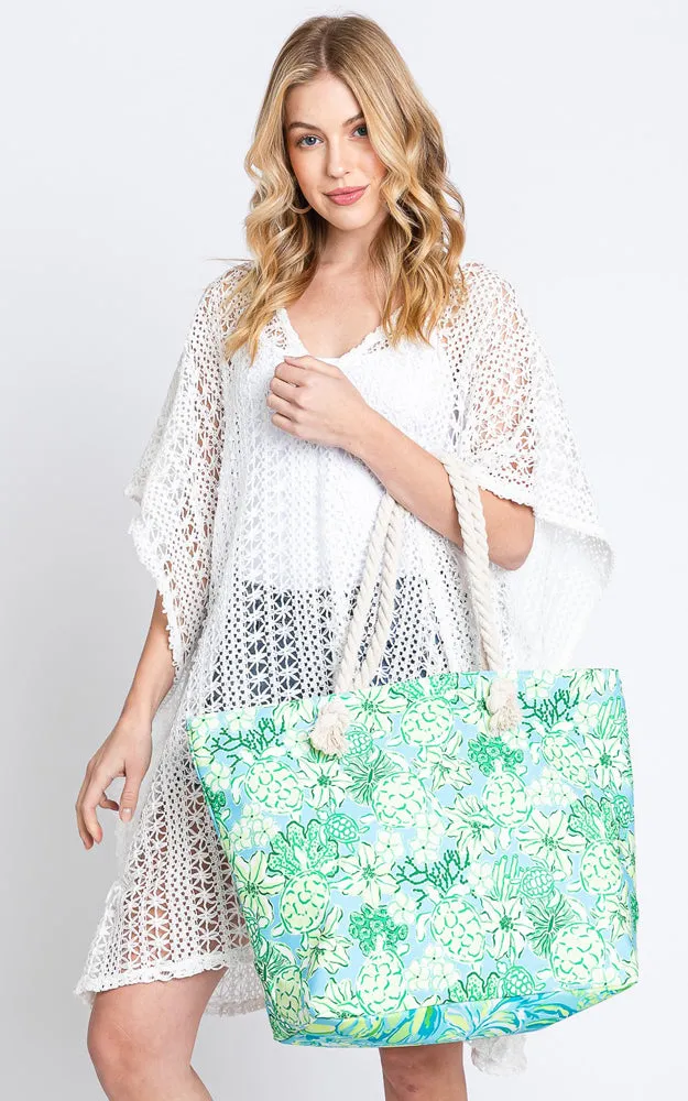 MB0223 HAND DRAWN TURTLE PRINT BEACH TOTE BAG