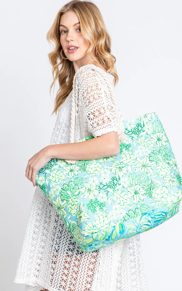 MB0223 HAND DRAWN TURTLE PRINT BEACH TOTE BAG