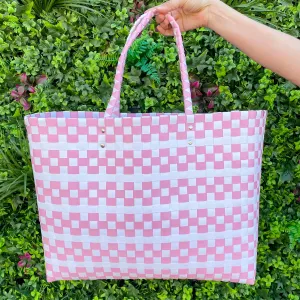 Molly Woven Beach Tote in Pink and White