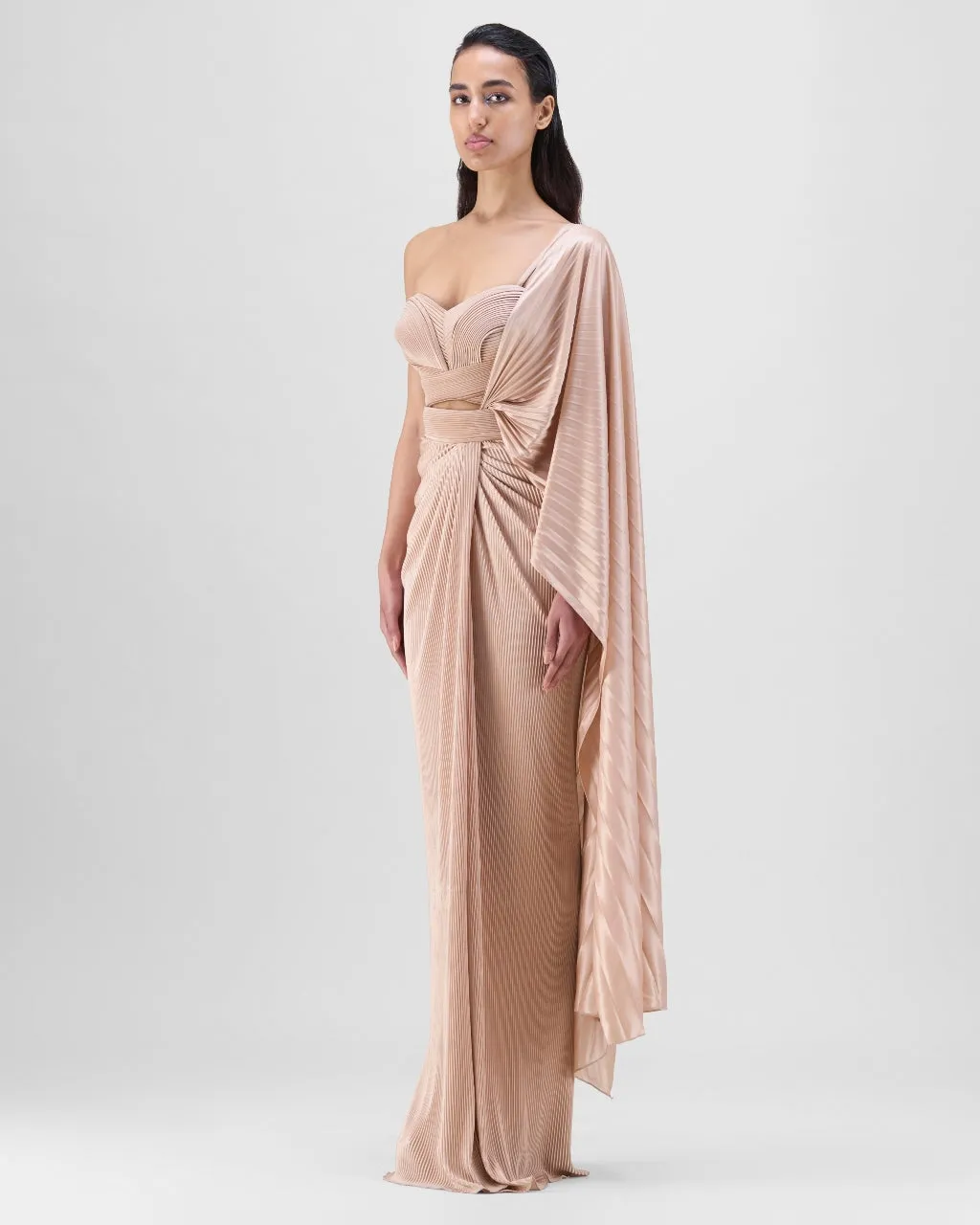 Nude Structured Blouse With Drape Sari Set