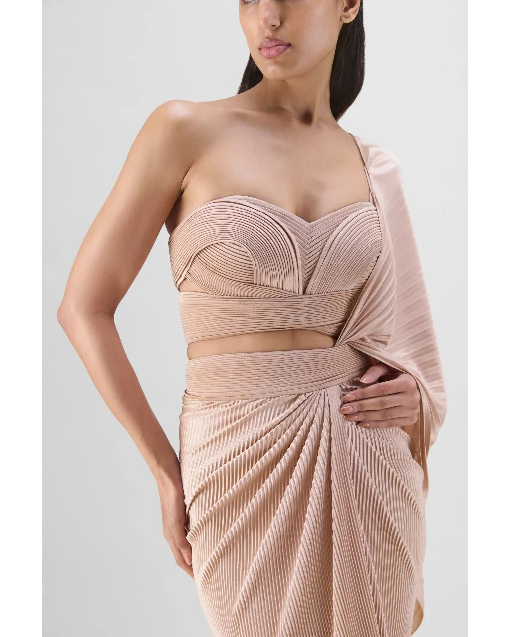 Nude Structured Blouse With Drape Sari Set