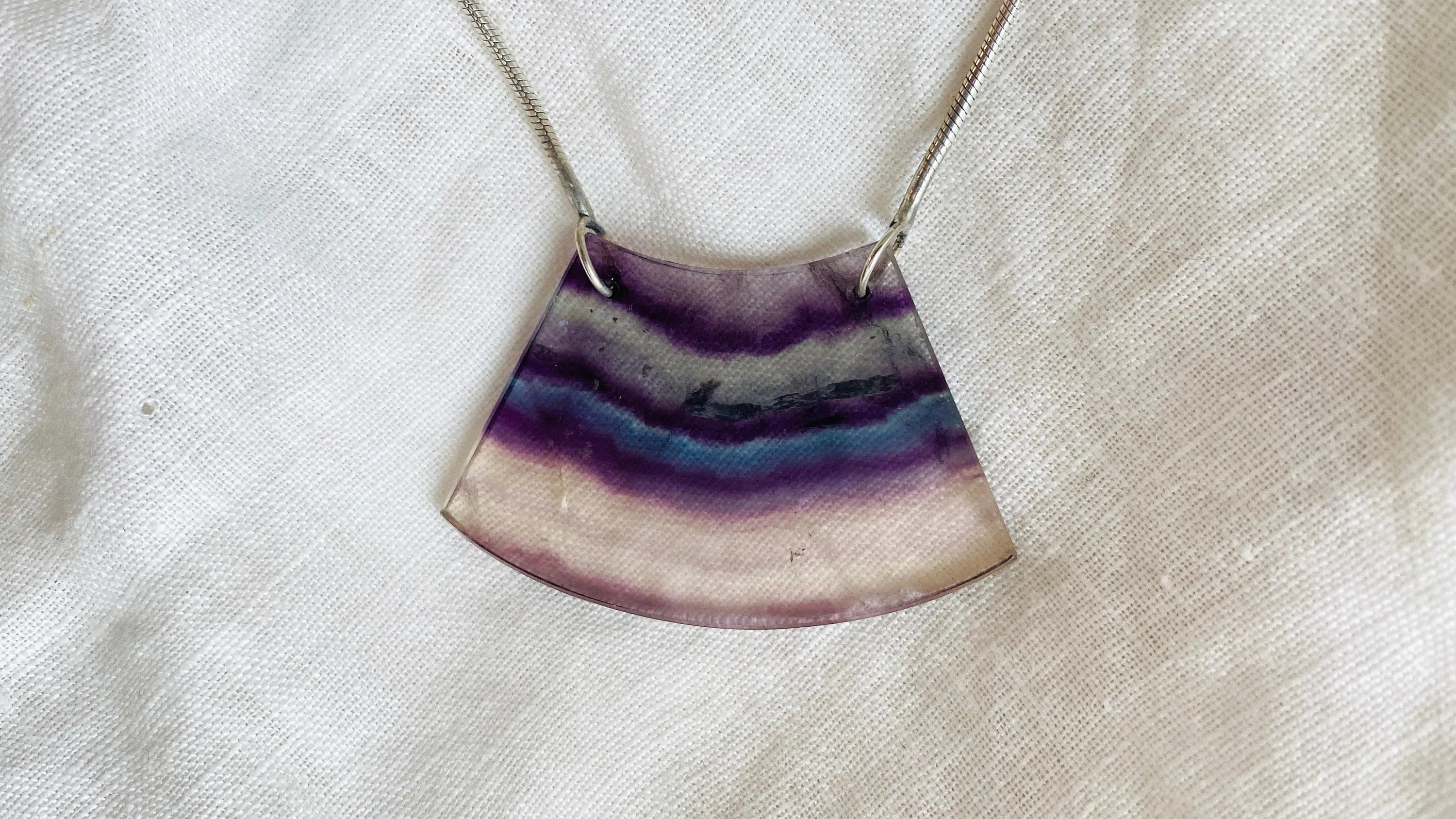 Rainbow Fluorite and Silver Pendant Necklace. Snake Chain