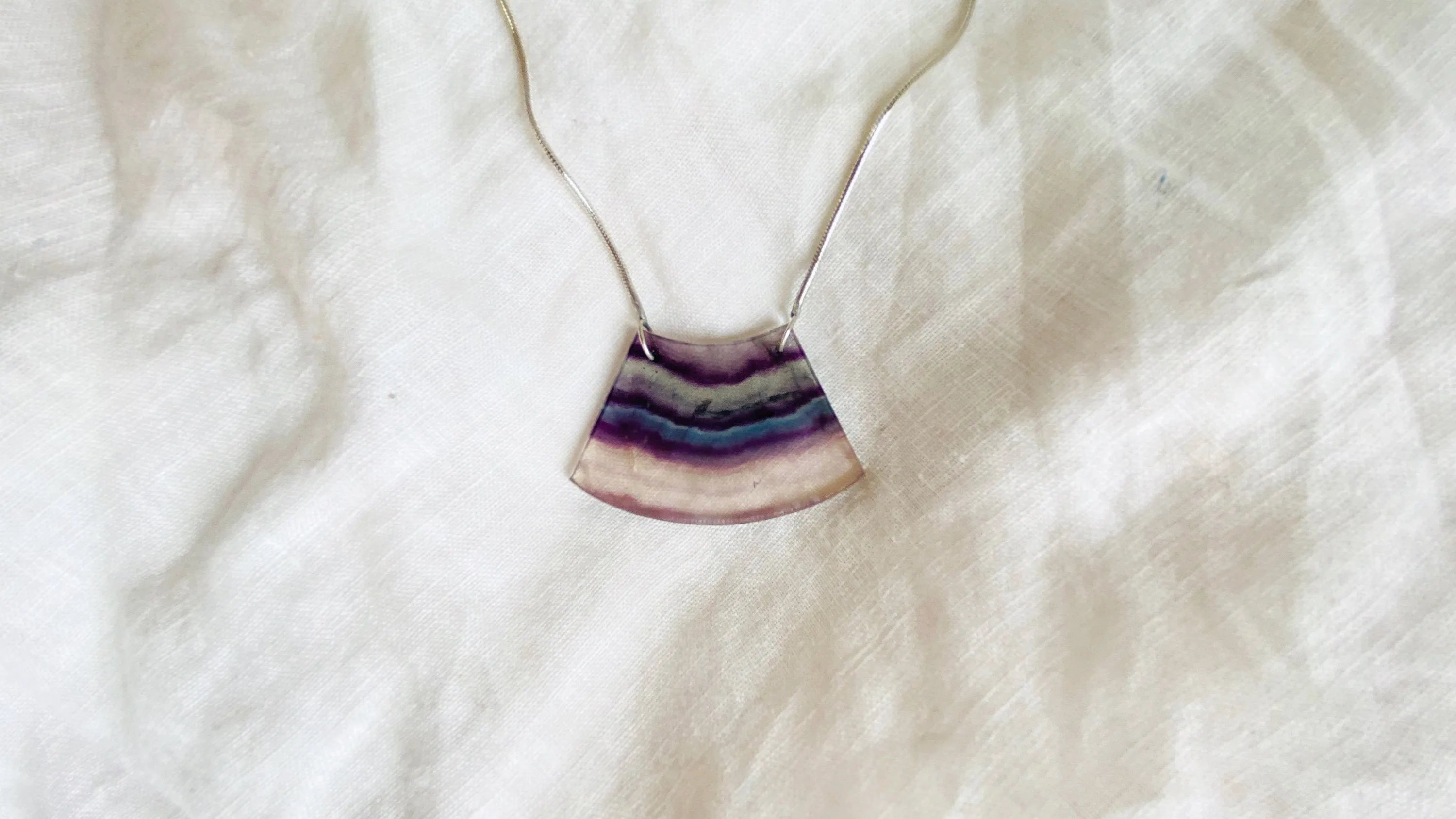 Rainbow Fluorite and Silver Pendant Necklace. Snake Chain