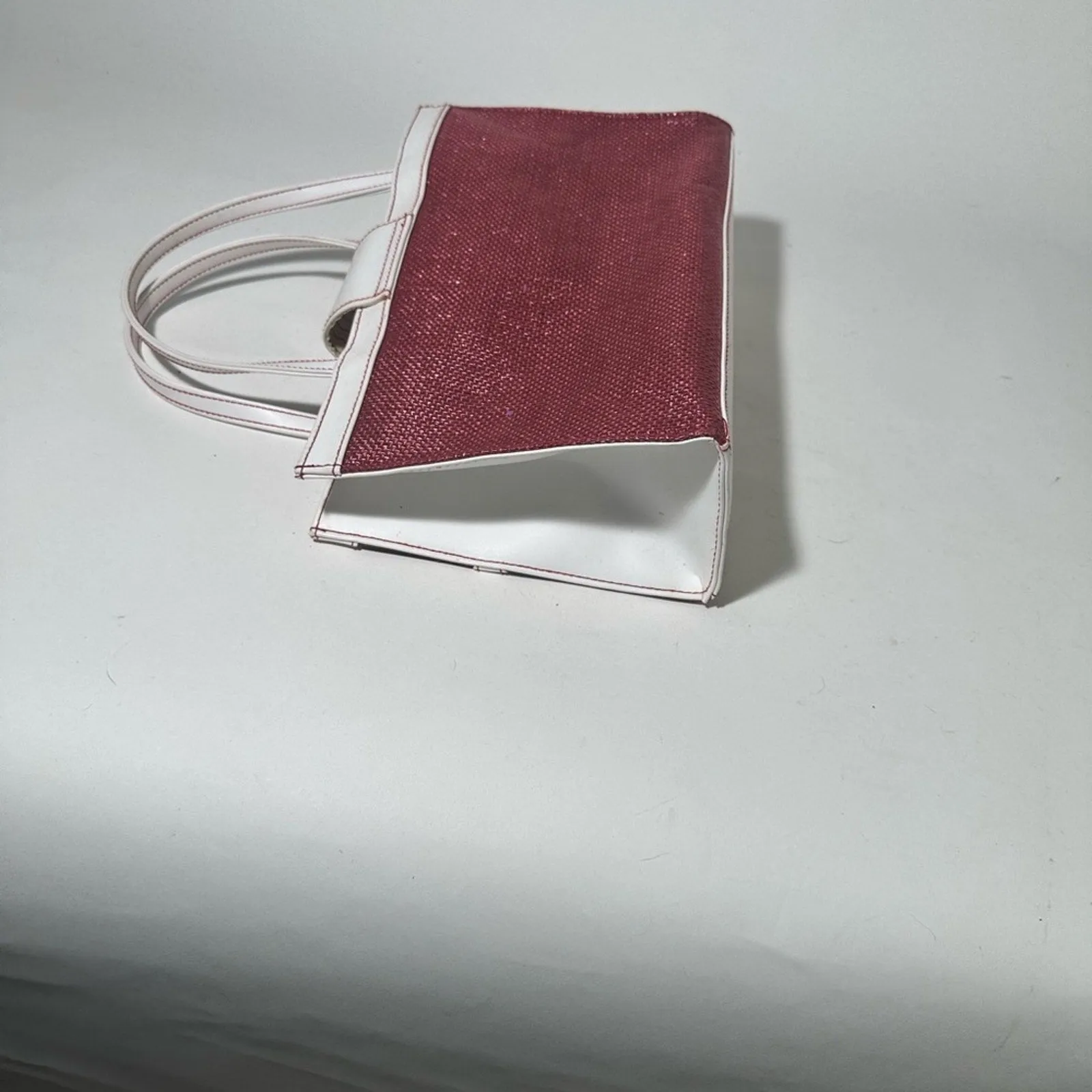 Red and White Structured Tote with Geometric Design