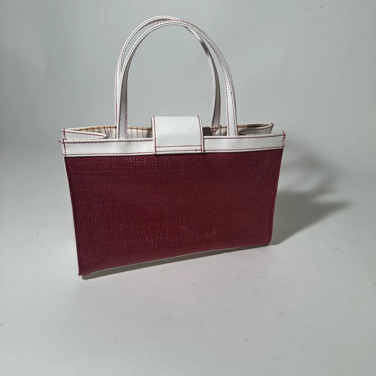 Red and White Structured Tote with Geometric Design