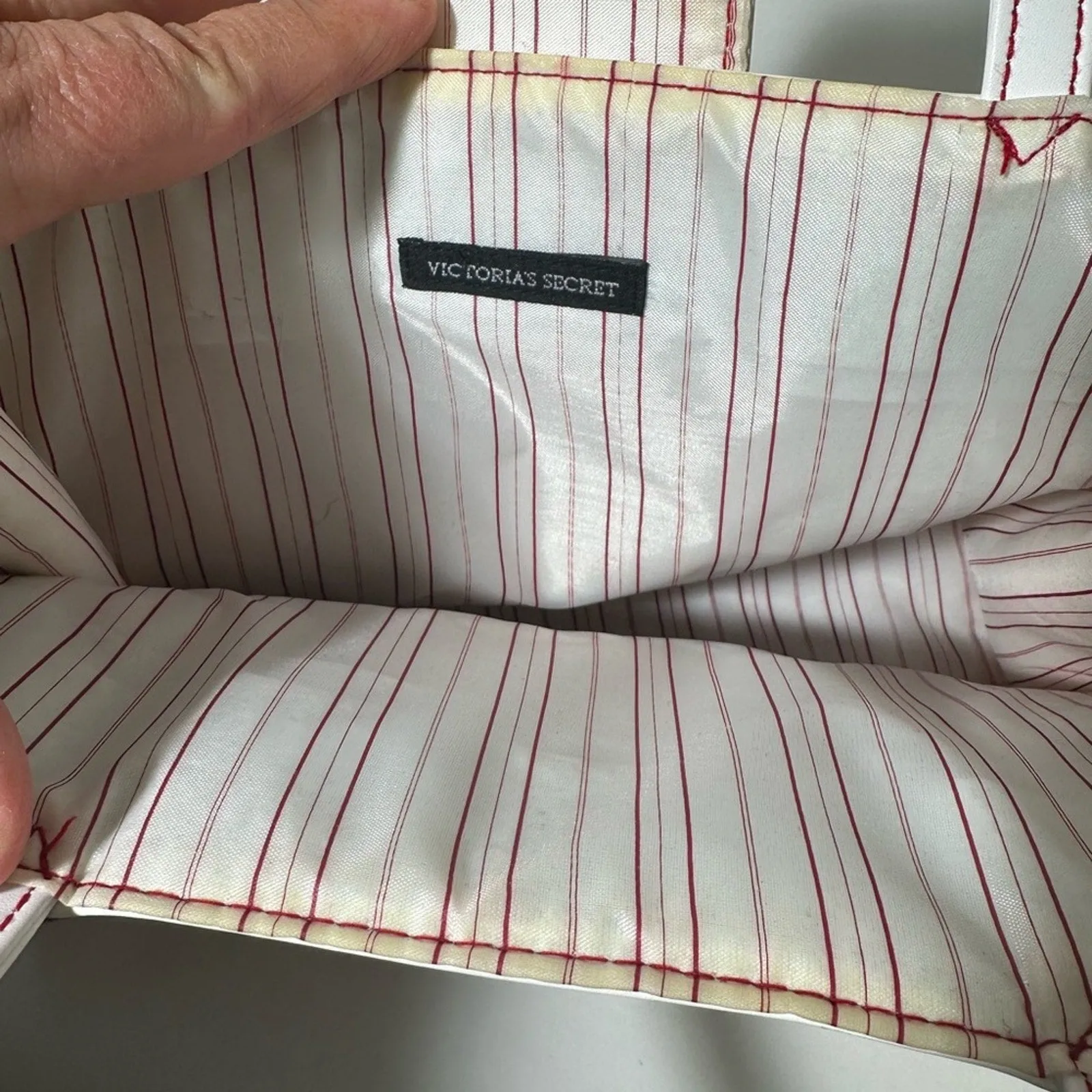 Red and White Structured Tote with Geometric Design
