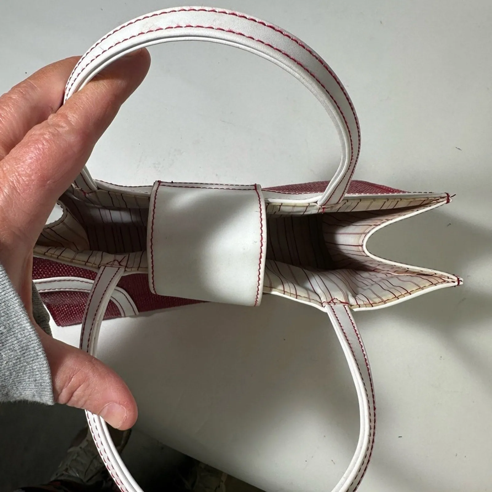 Red and White Structured Tote with Geometric Design