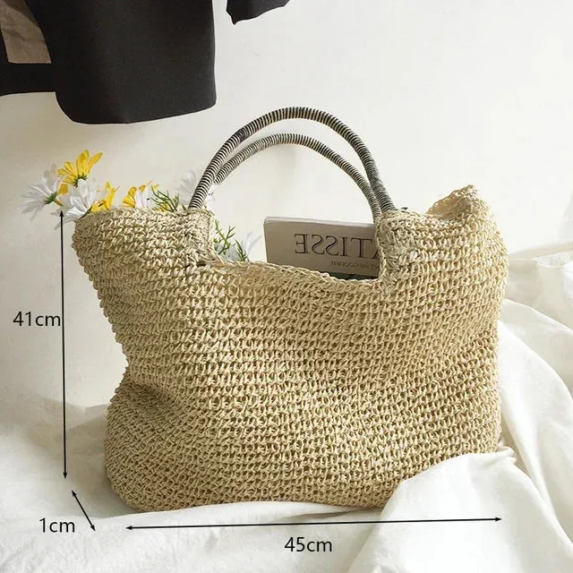 Sohiwoo Bags Rattan Vintage Travel Raffia Woven Ladies Casual Bag Shopping Vacation Bohemian Totes Summer Beach Handmade Shoulder