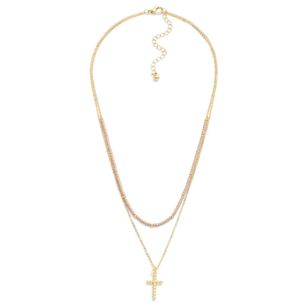 Taupe Layered Beaded Cross Pendant Necklace