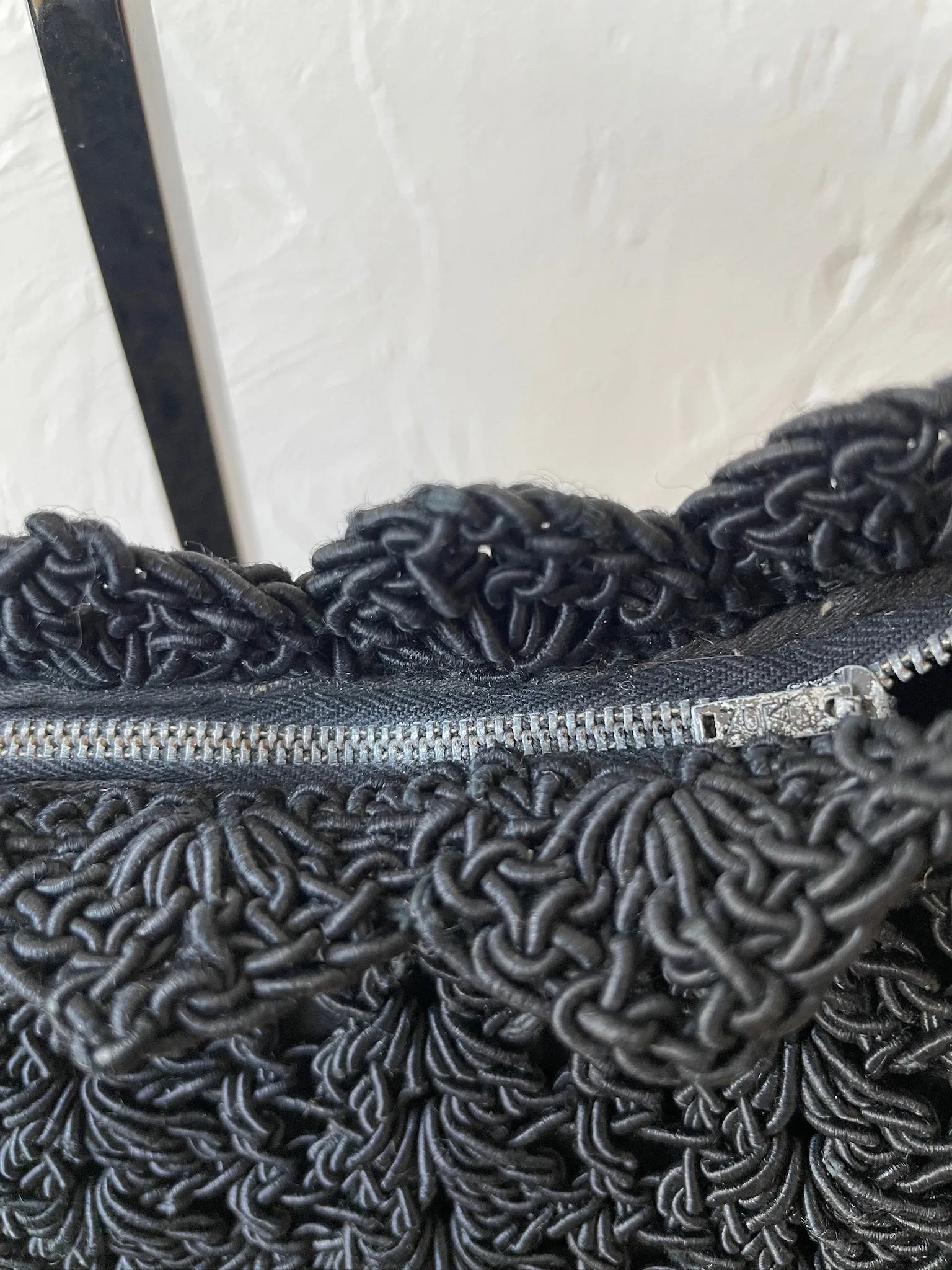 Vintage 1950s Black Crochet Handbag with Twisted Lucite Handle