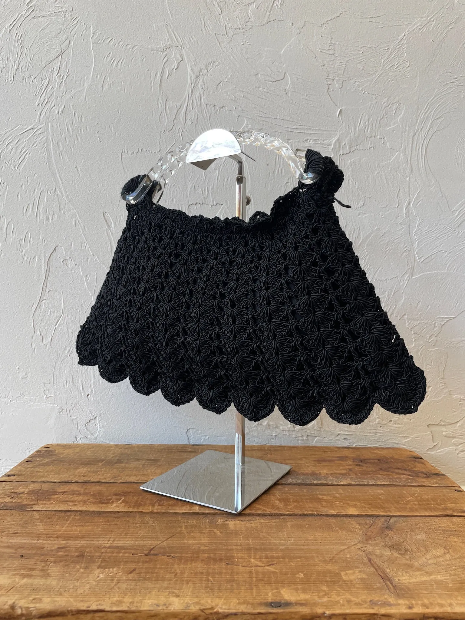 Vintage 1950s Black Crochet Handbag with Twisted Lucite Handle