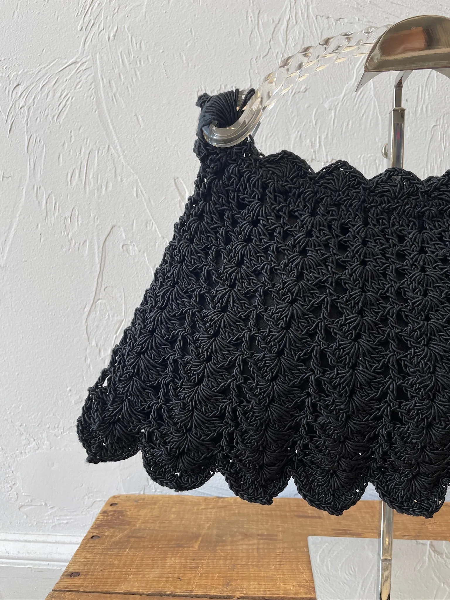 Vintage 1950s Black Crochet Handbag with Twisted Lucite Handle