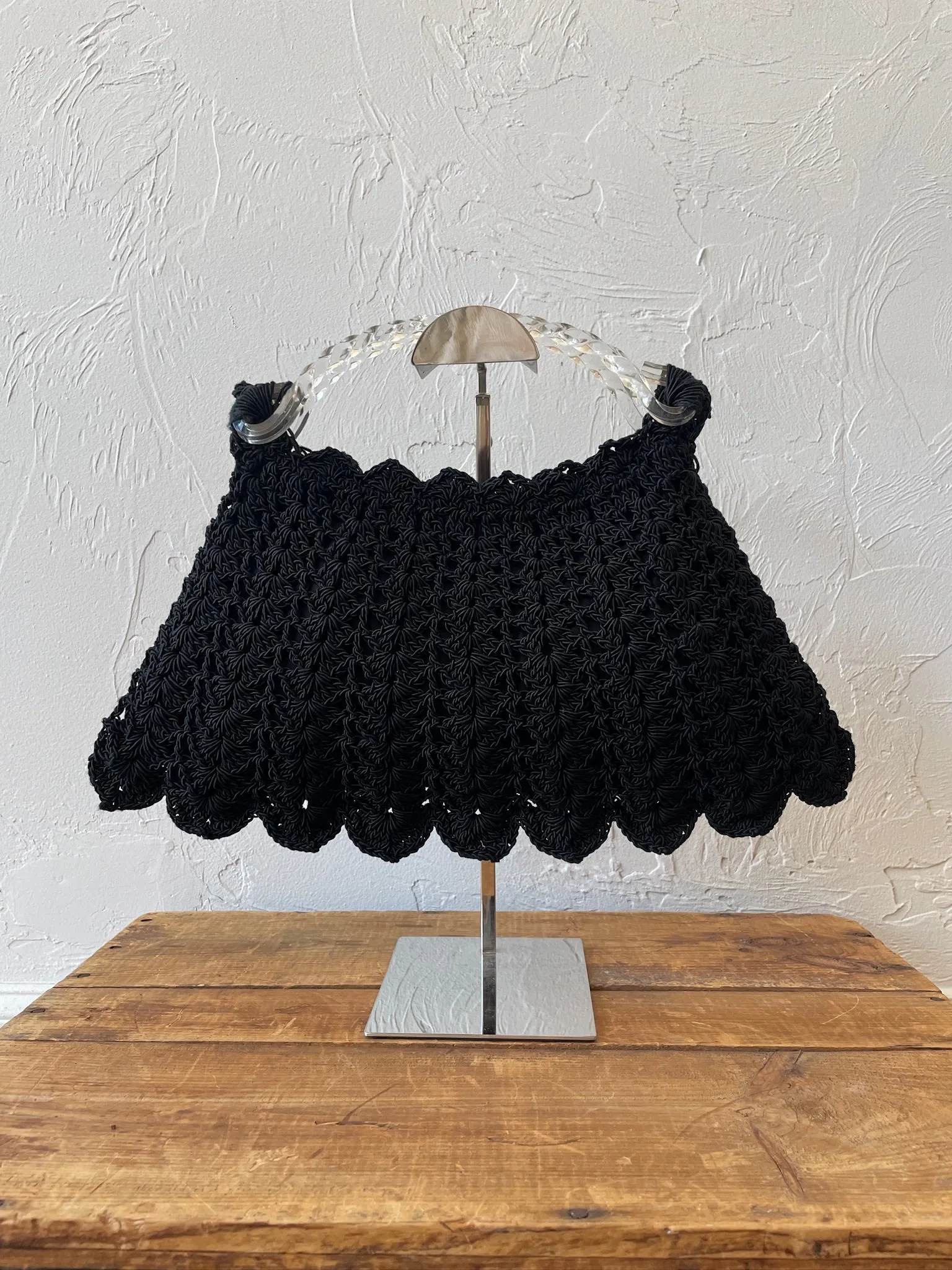 Vintage 1950s Black Crochet Handbag with Twisted Lucite Handle
