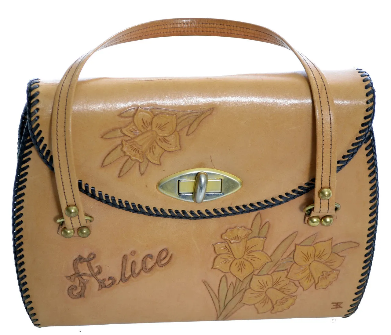 Vintage handbag 1960's handcrafted tooled leather Alice Monogram